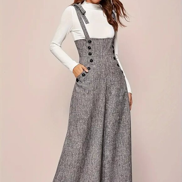 Button Decor Wide Leg Tie Strap Jumpsuit - Picture 1 of 7
